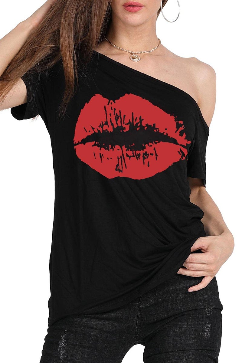 MAGICMK Womanâ€™s Off The Shoulder Lips Top Print Short Sleeve Cotton Sexy Fashion T-Shirt (XXL, Black+Red1) - Image 3